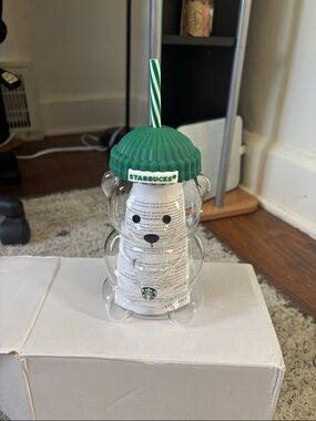 Starbucks Clear Bear Tumbler with Green Beanie Lid and Striped Straw